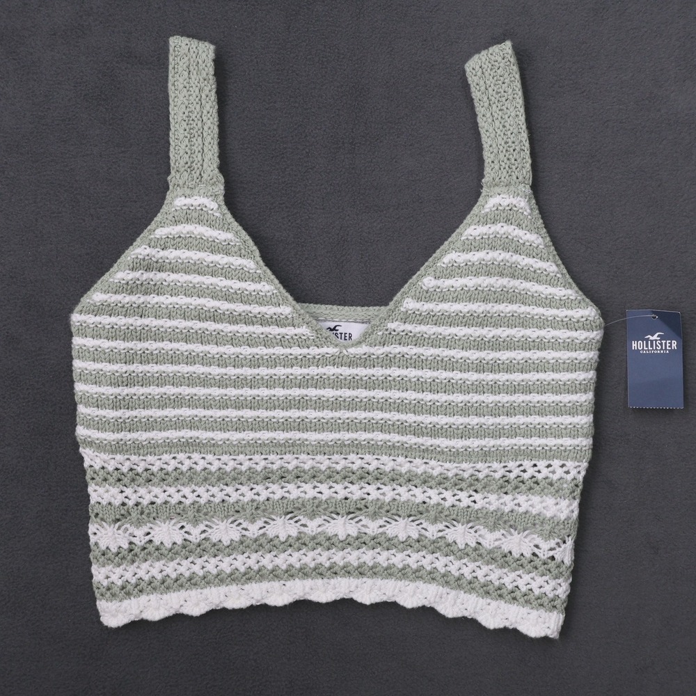 Hollister Crochet Knit Cami Top Women Small Green White Striped Cropped V-Neck